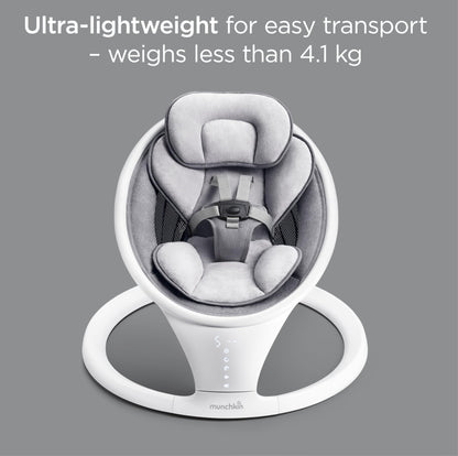 Munchkin electric baby swing in white with Bluetooth, portable bouncer chair featuring gentle bouncing, motion, and sound functions.