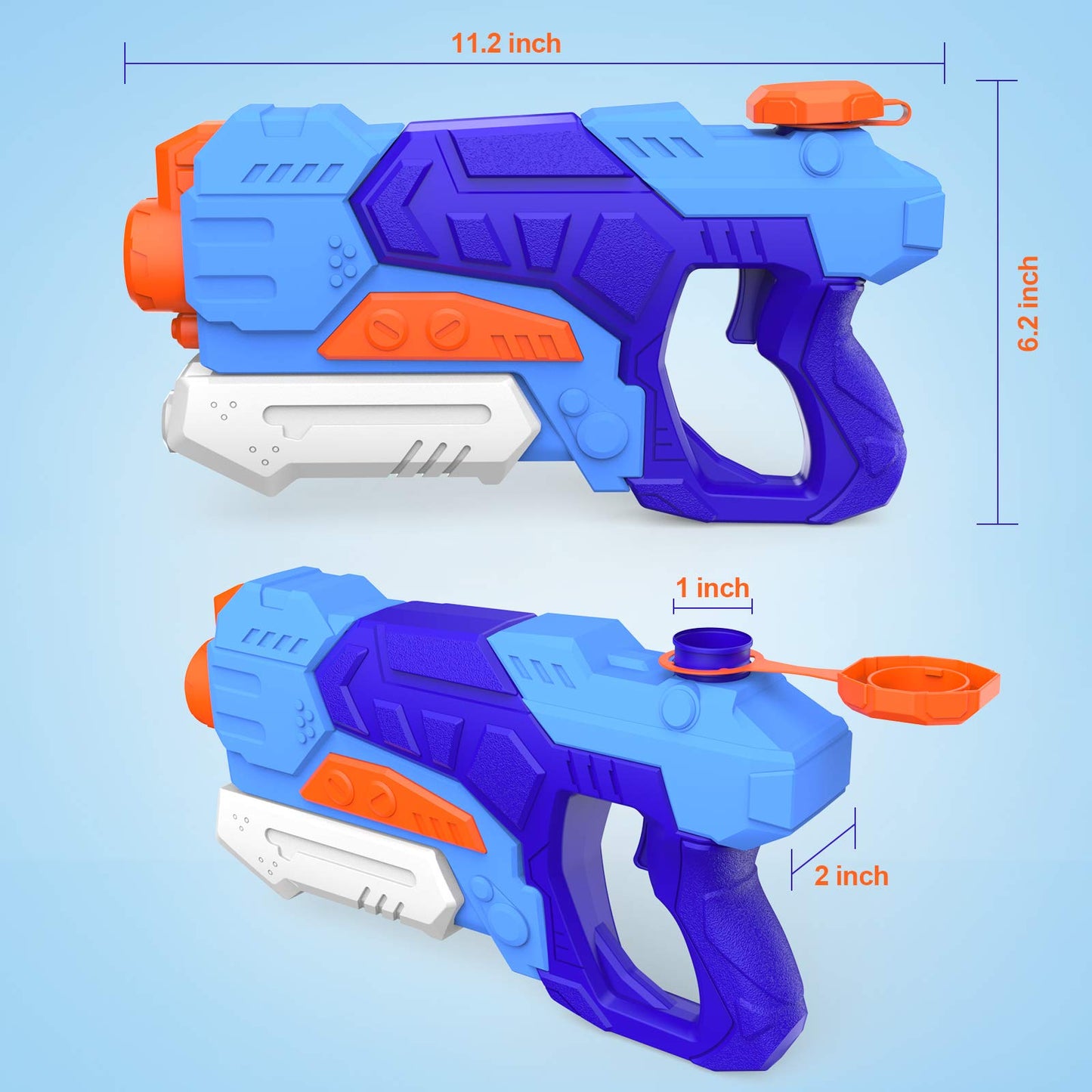 Kiztoys water gun toys for kids, 2-pack with large 1200ML capacity and 33ft long range, suited for summer water play, garden, or beach.