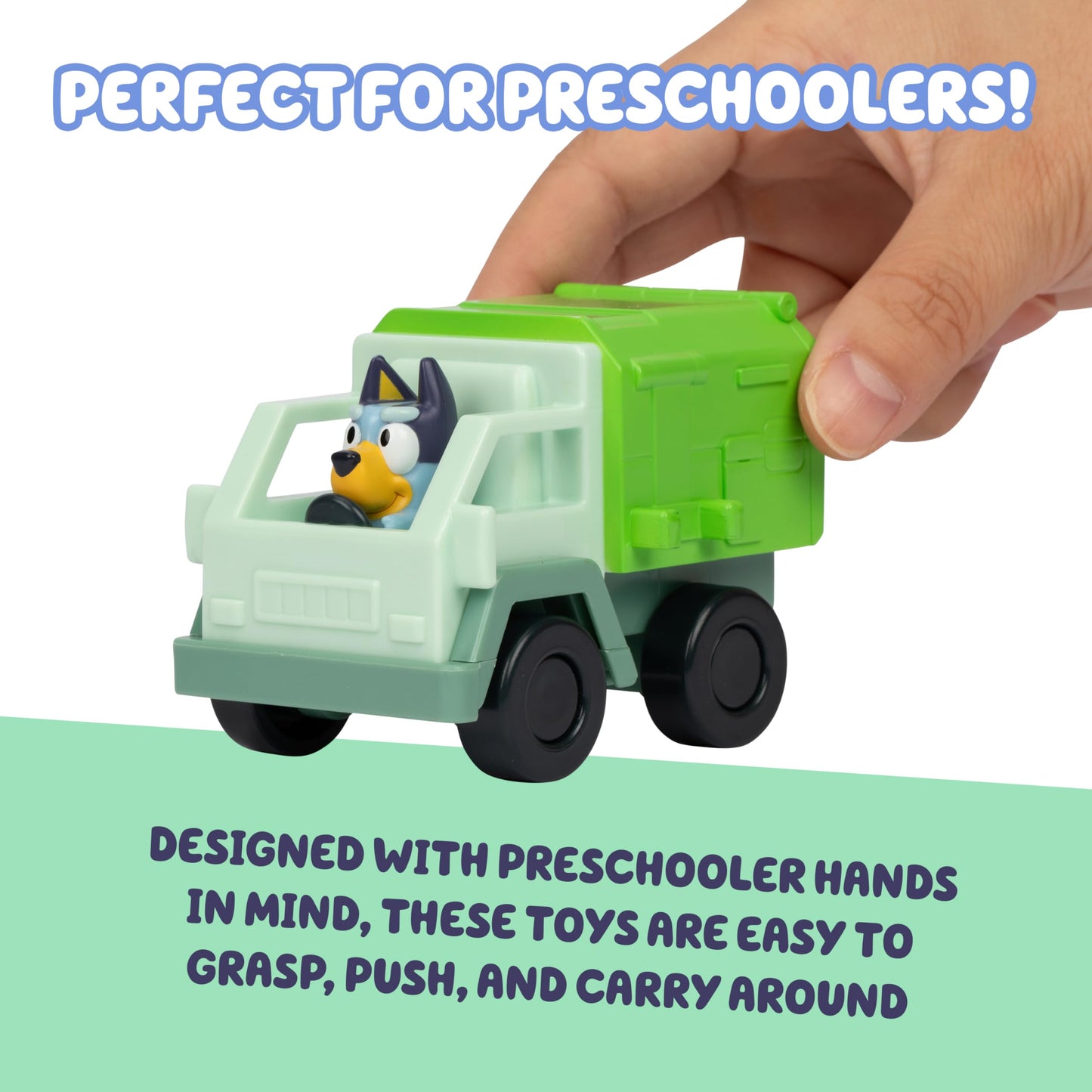 Bluey Mini Racers, 4 of the Most Popular Vehicles in Mini Form. Roll and Race With Garbage Truck, Fire Truck Bingo, Convertible Bandit and Heeler 4WD Chilli, Collect Them All!