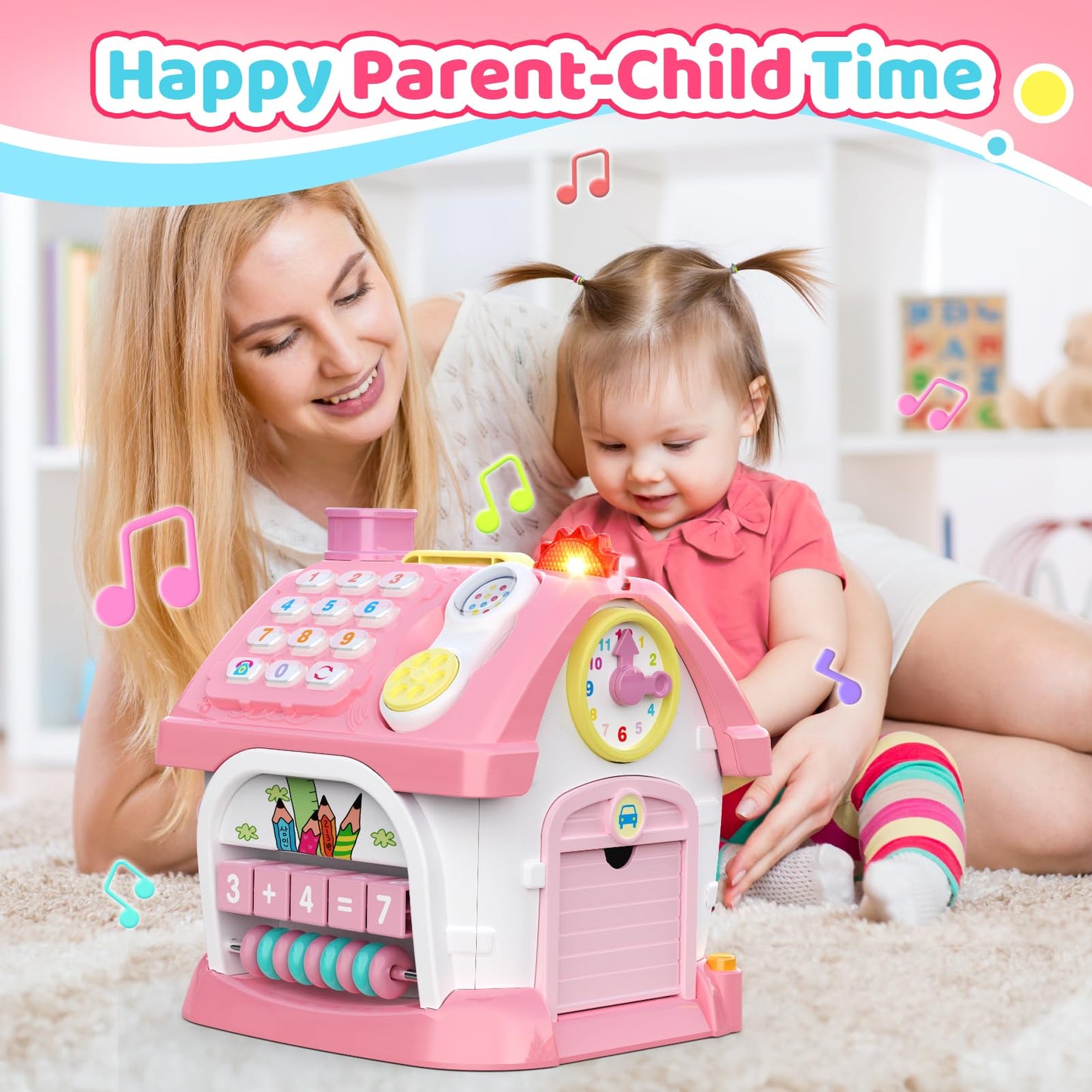 Toddler Toys for 1 2 Year Old Girls: Montessori Educational Toy for 1 Year Old, 6 in 1 Multi-Functional Activity House Baby Toys with Music/Clock/Telephone, Birthday Gifts for 1 2 Year Old Girls Kids