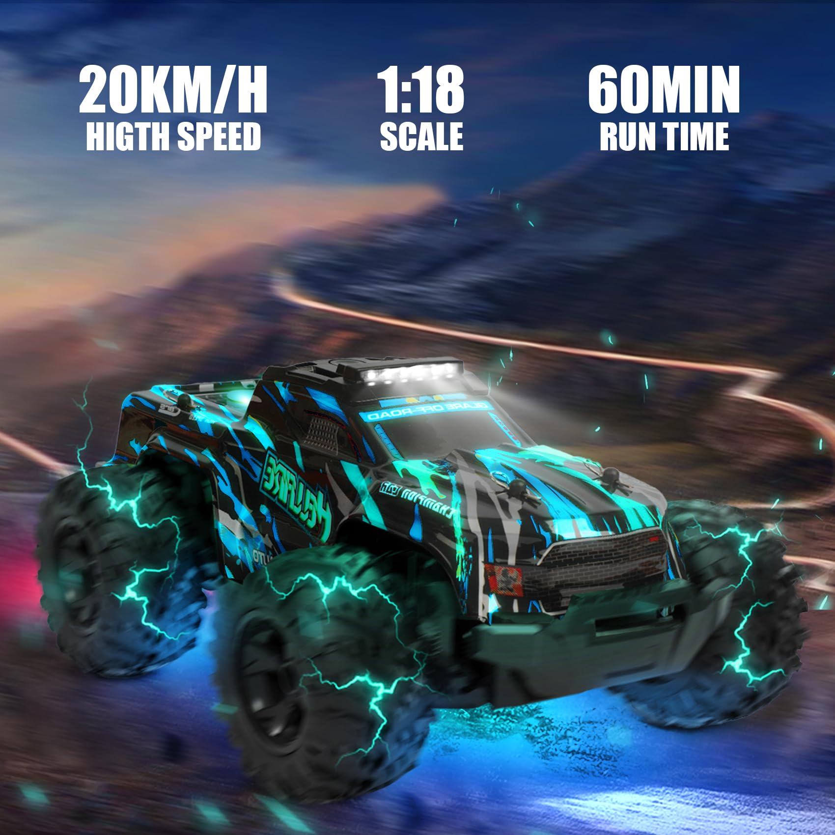 BAZADER RC truck with LED lights, 1:18 scale, all-terrain off-road design, high-speed up to 25KMH, spray feature, for kids and adults