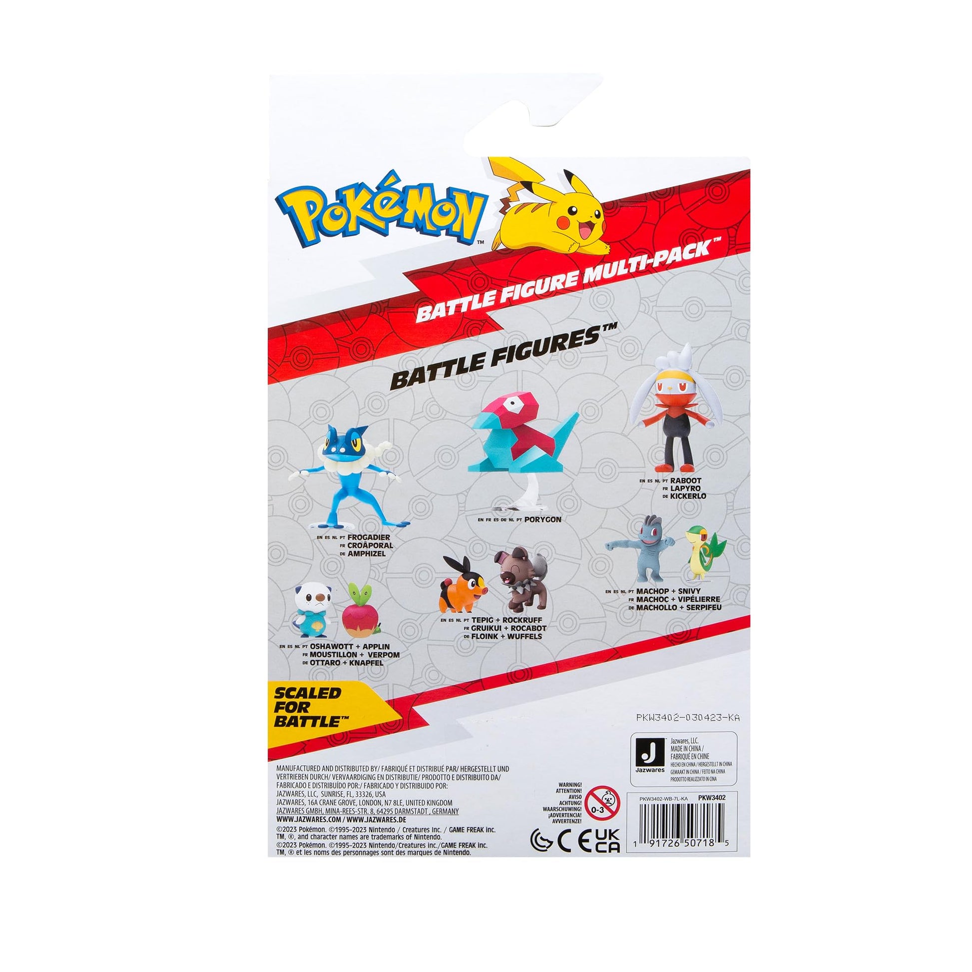 Pokémon Paldea Battle Figure 4 Pack featuring 2-inch figures of Pikachu, Fuecoco, Sprigatito, and Quaxly on display.
