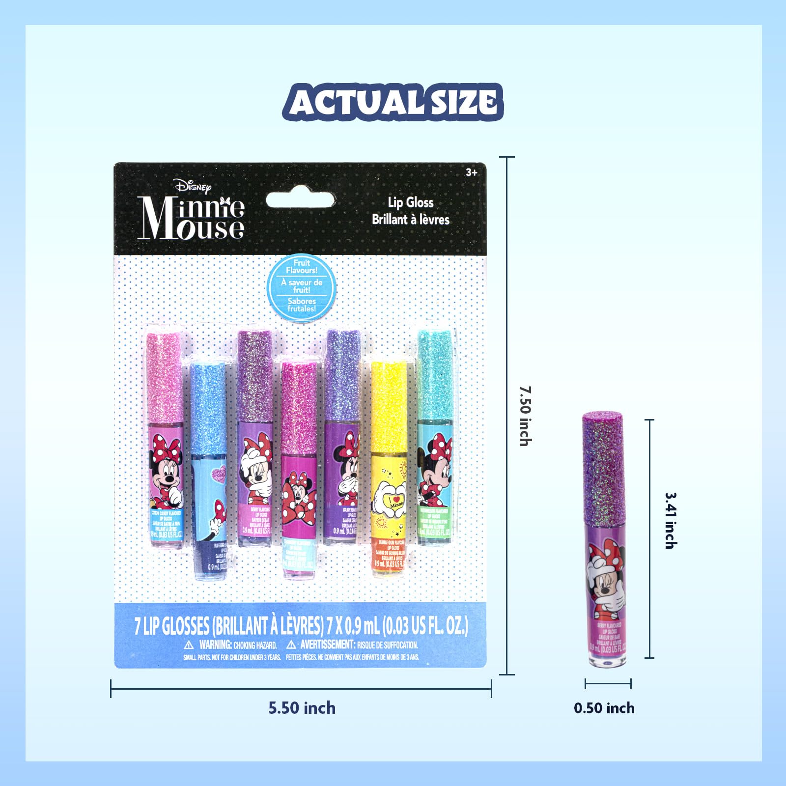 Disney Minnie Mouse 7-piece lip gloss set by Townley Girl, featuring colorful glosses in a fun party-themed arrangement.