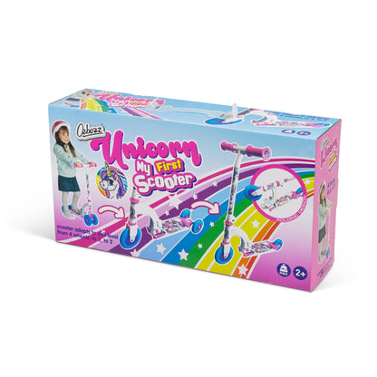 OZBOZZ SV20004 Unicorn scooter with white frame and pink, blue wheels, ideal for young children.