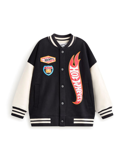 Hot Wheels Boys Bomber Jacket | Kids Flame Logo Graphic Print Varsity Jacket in Black | Childrens Turbo Race Car Print Zipped Baseball Jacket | Model Toy Cars Movie Merchandise Gift