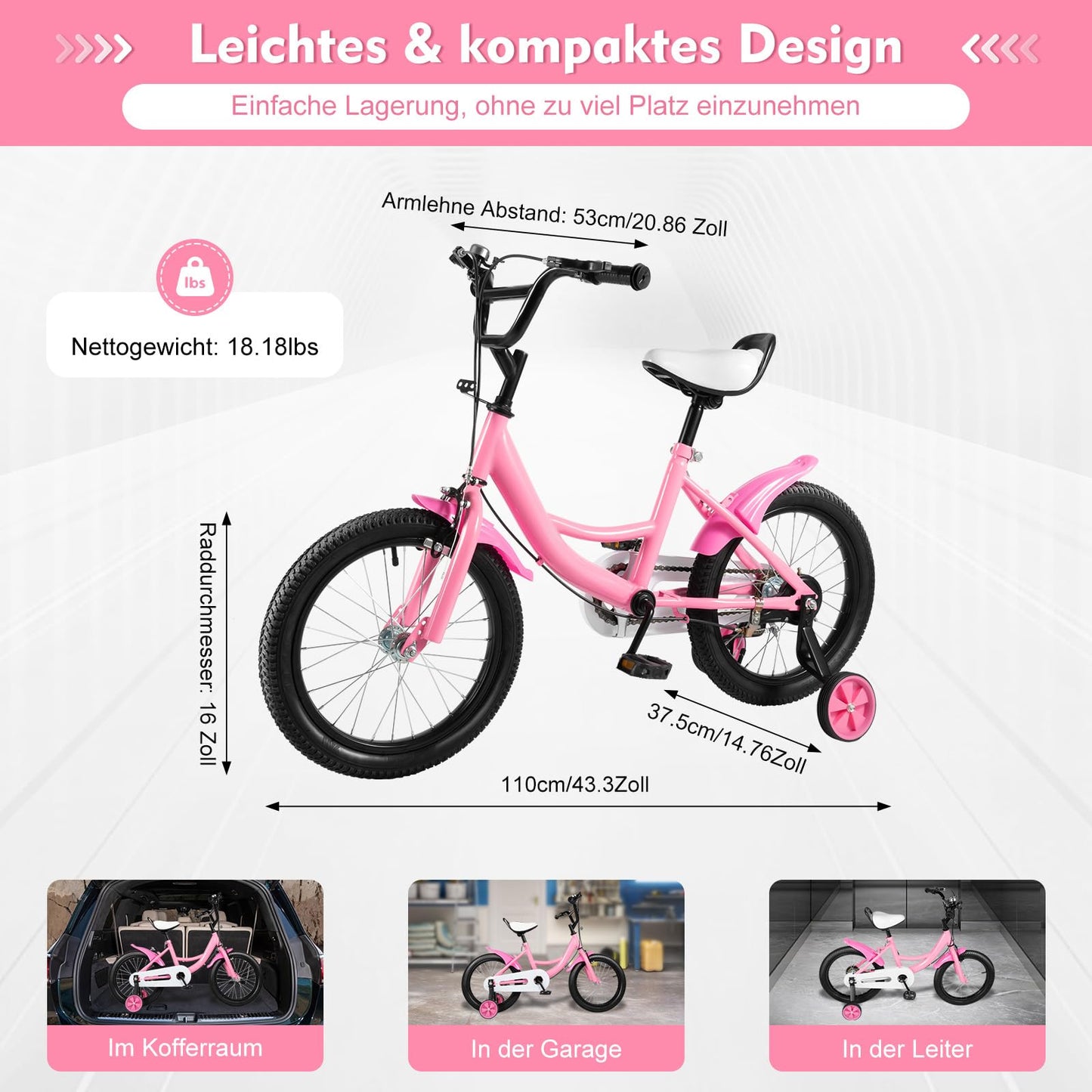 Fetcoi 16 Inch Children's Bicycle with Non-Slip Stabilisers for Boys and Girls from 4-8 Years Removable Stabilisers for Children's Bikes (Pink)