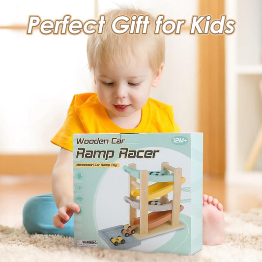 Vanplay wooden car ramp with four mini cars and a toy garage, designed for toddlers aged 1-2 years.