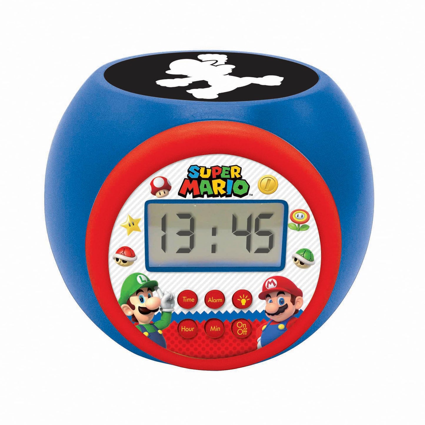 Lexibook Nintendo Super Mario projector alarm clock with snooze, night light, LCD screen, and battery operation.