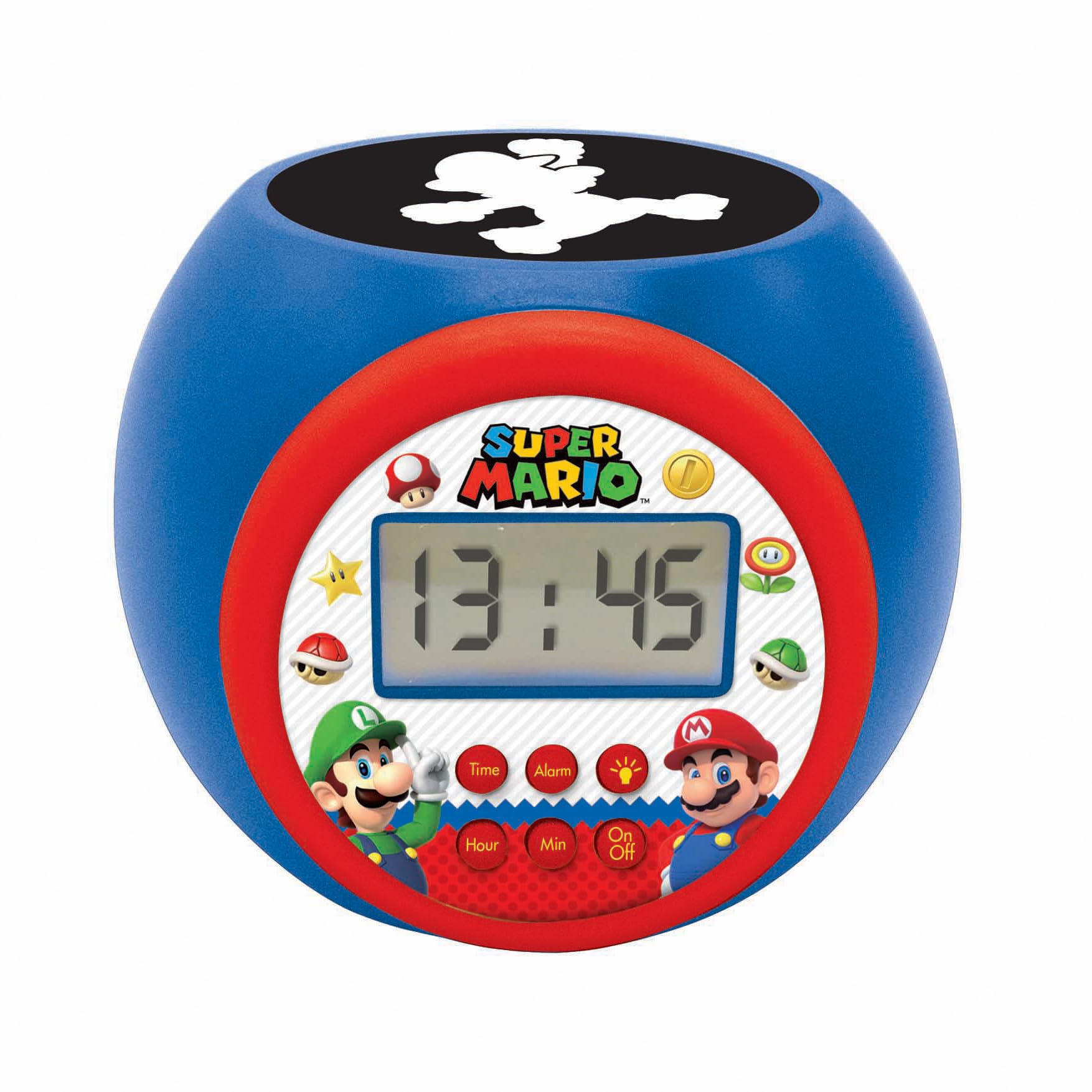 Lexibook Nintendo Super Mario projector alarm clock with snooze, night light, LCD screen, and battery operation.