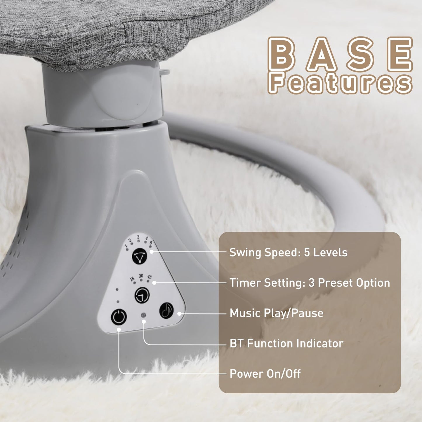 Gray baby swing chair by Kisdream with Bluetooth remote, 5-speed bouncer, adjustable angles, 12 lullabies, and electric rocking for newborns.