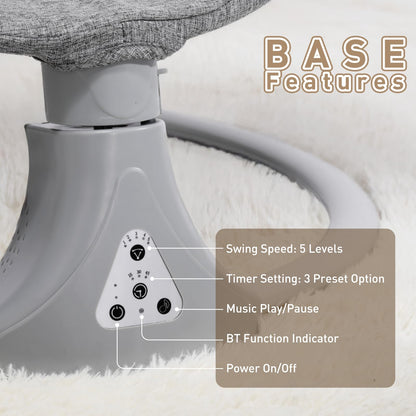 Gray baby swing chair by Kisdream with Bluetooth remote, 5-speed bouncer, adjustable angles, 12 lullabies, and electric rocking for newborns.