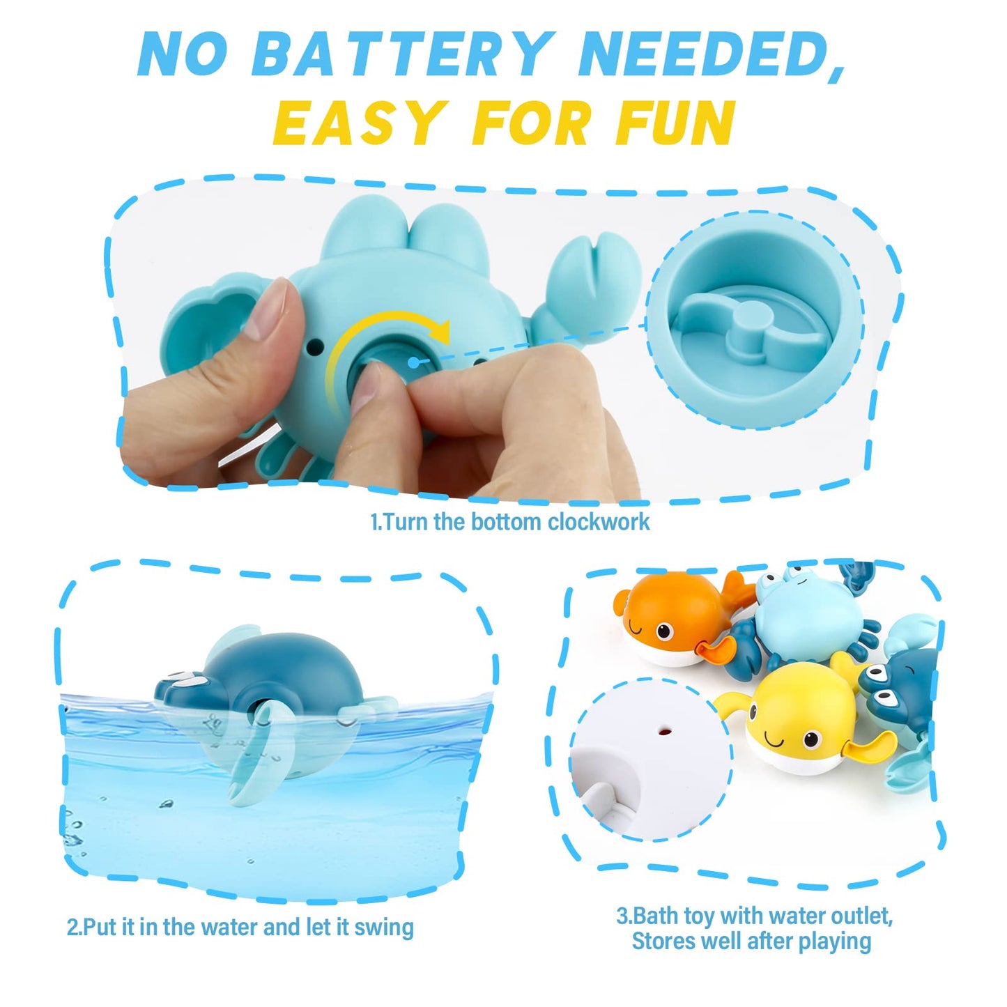 twoonto Baby Bath Toys, Wind Up Magnetic Fishing Games Toy with Fishing Net Floating Pool Bathtub Toys, Montessori Toys for Toddlers, Boys, Girls, 1 2 3 4 5 Years Old, 4 Pcs (Style C)