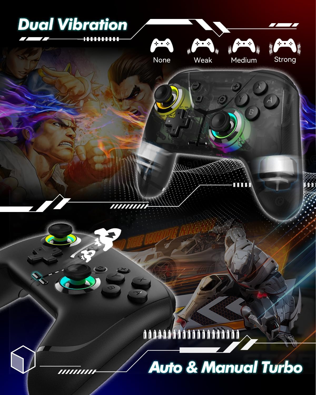 Ligame Switch Wireless Controller with black design, featuring vibration, turbo, motion, and RGB lighting for iPhone, Android, PC, and more.