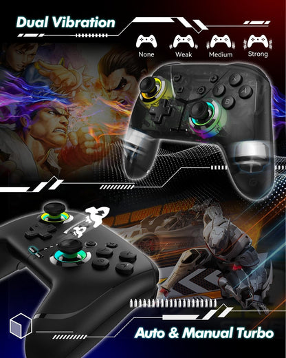 Ligame Switch Wireless Controller with black design, featuring vibration, turbo, motion, and RGB lighting for iPhone, Android, PC, and more.