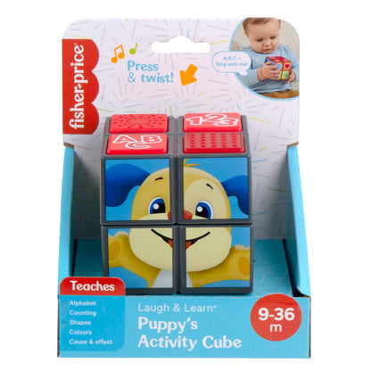 Fisher-Price Laugh & Learn Puppy activity cube with lights and music for babies 9 months and older, UK English version.