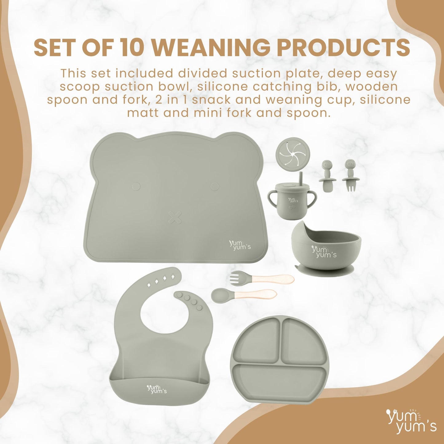 Yum Yum's Baby 10 Pcs Grey Weaning Set - Complete Toddler Feeding Kit w/Sectioned Plate, Suction Bowls, Cutlery with Mouth Guard, Straw Cup, Bib & Mat - Non-Slip - for Toddlers & Baby Gift