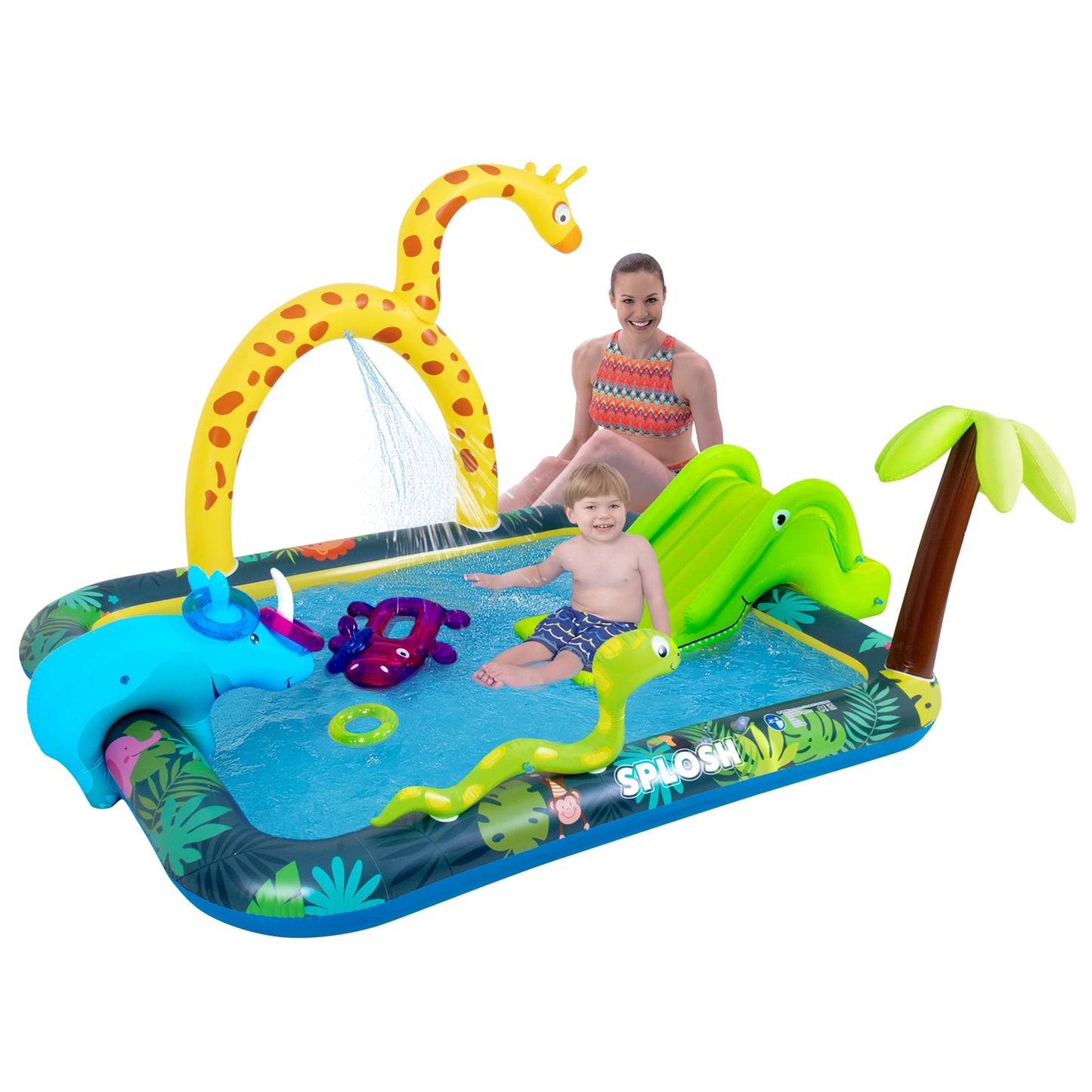 Splosh Jungle Animal Activity Paddling Pool with slide, inflatable ring toss game, for kids aged 2-5, 2.6m x 1.9m.