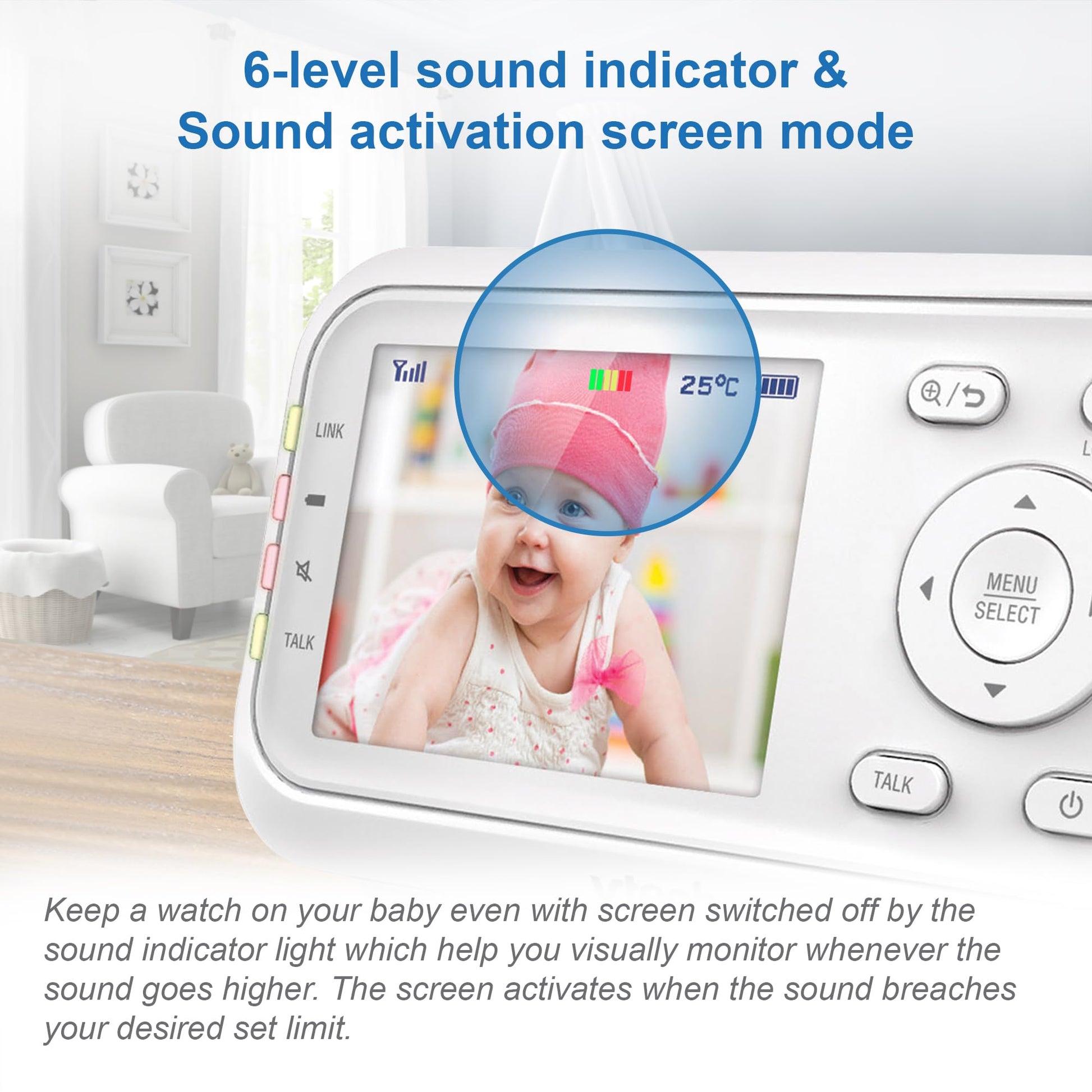 VTech VM3250 video baby monitor with camera, 2.8" LCD screen, night vision, temperature sensor, and soothing sounds.