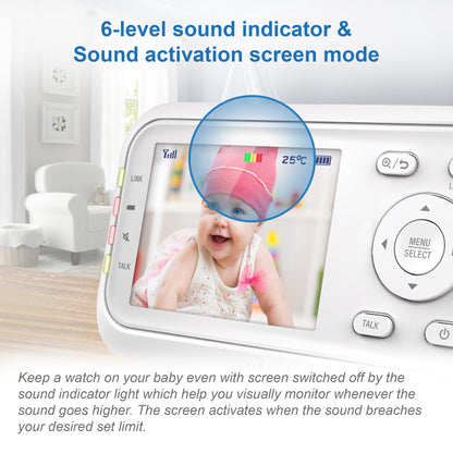 VTech VM3250 video baby monitor with camera, 2.8" LCD screen, night vision, temperature sensor, and soothing sounds.