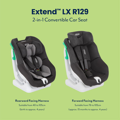 Graco Extend LX R129 Convertible Car Seat, Rearward Facing for Longer from Birth to Approx. 4 Years (40-105cm). Forward Facing from 15 Months to Approx. 4 Years (76-105cm), Midnight Fashion