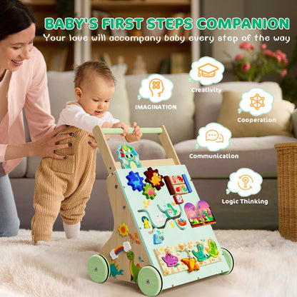 TERRAMUS wooden dinosaur baby walker with colorful blocks, toddler push toy for motor skill development and Montessori learning.