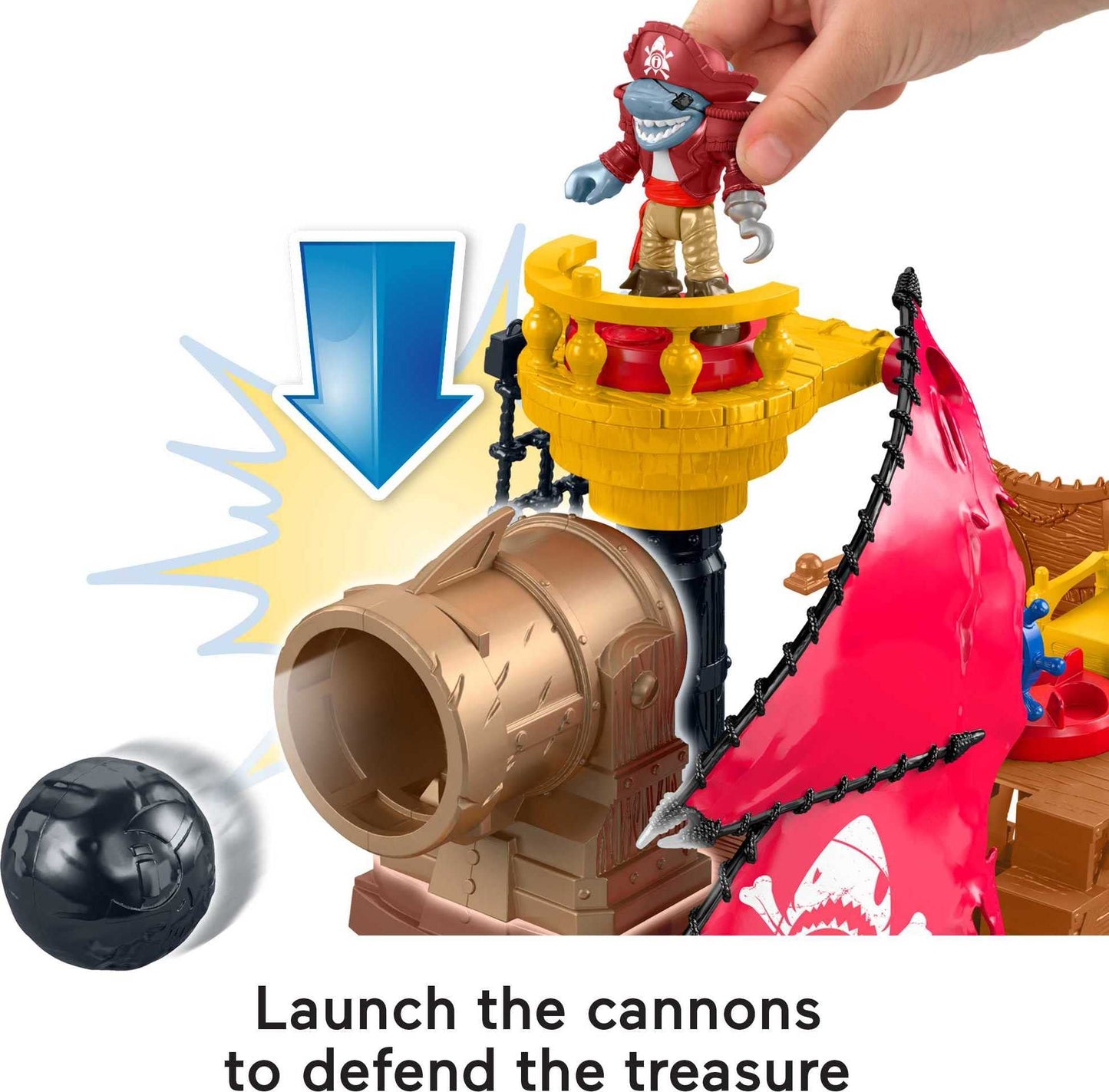 Fisher-Price Imaginext pirate ship playset with shark figure and accessories for kids ages 3+, featuring colorful pirate-themed details.