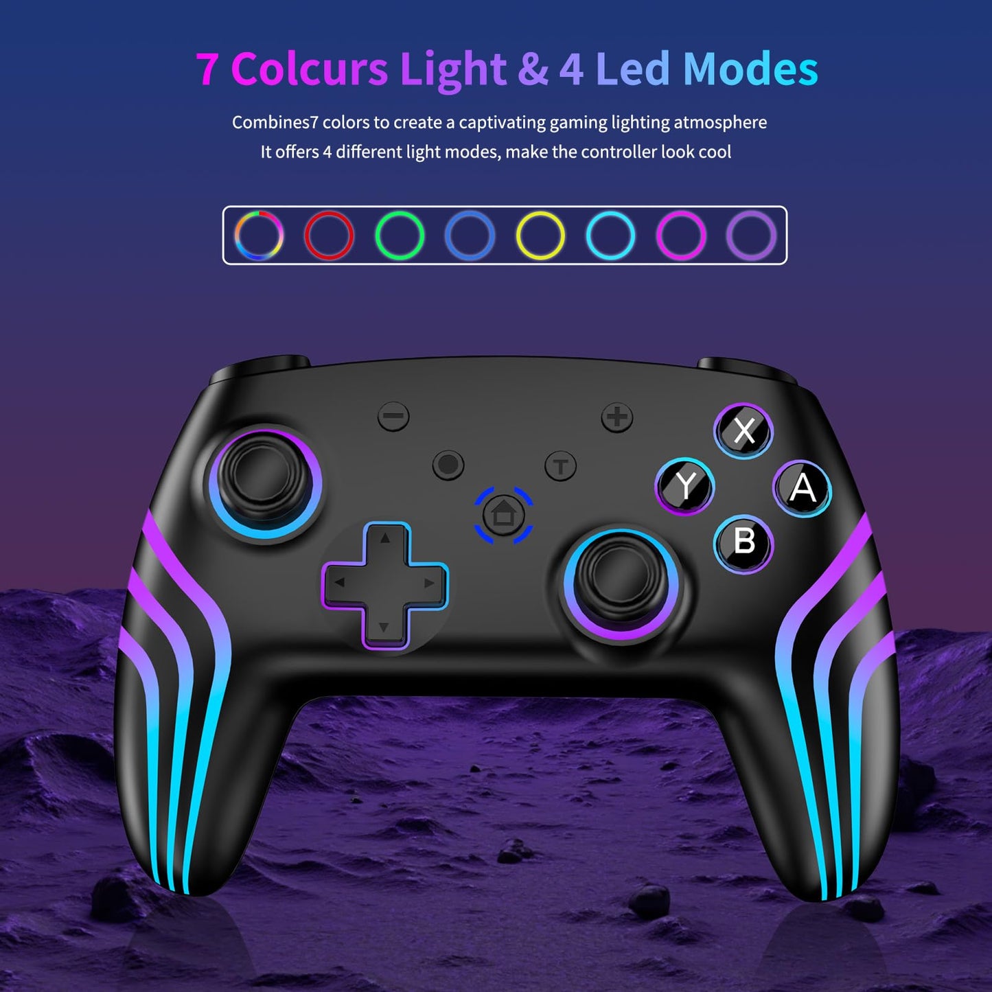 Riscvma 2pcs Controller for Switch/Switch 2/Lite/OLED/PC, Wireless Controller for Switch with 7 Color Changing RGB Lighting/Dual Vibration/6 Axis Gyroscope/Turbo, Ergonomic Precise Joystick