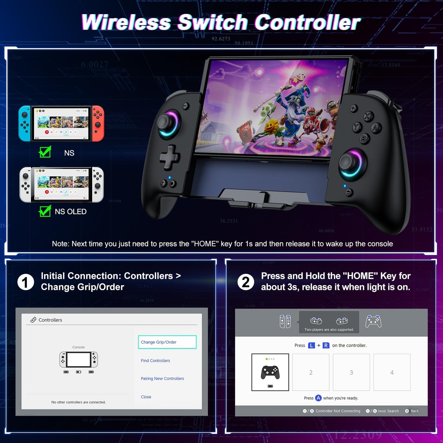 Fanxieast wireless Switch Pro controller with ergonomic design, programmable features, vibration, RGB lighting, and precise motion control.