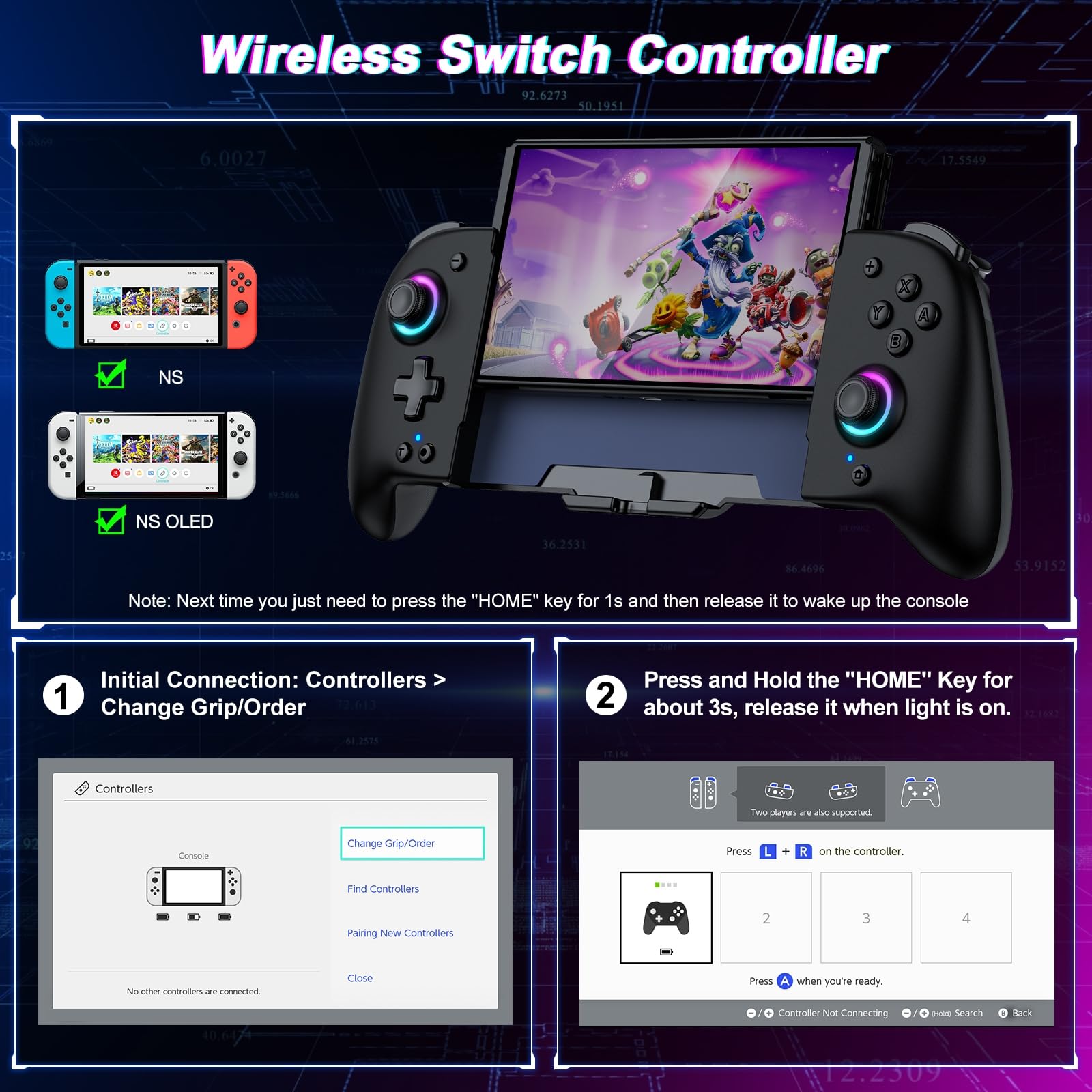 Fanxieast wireless Switch Pro controller with ergonomic design, programmable features, vibration, RGB lighting, and precise motion control.