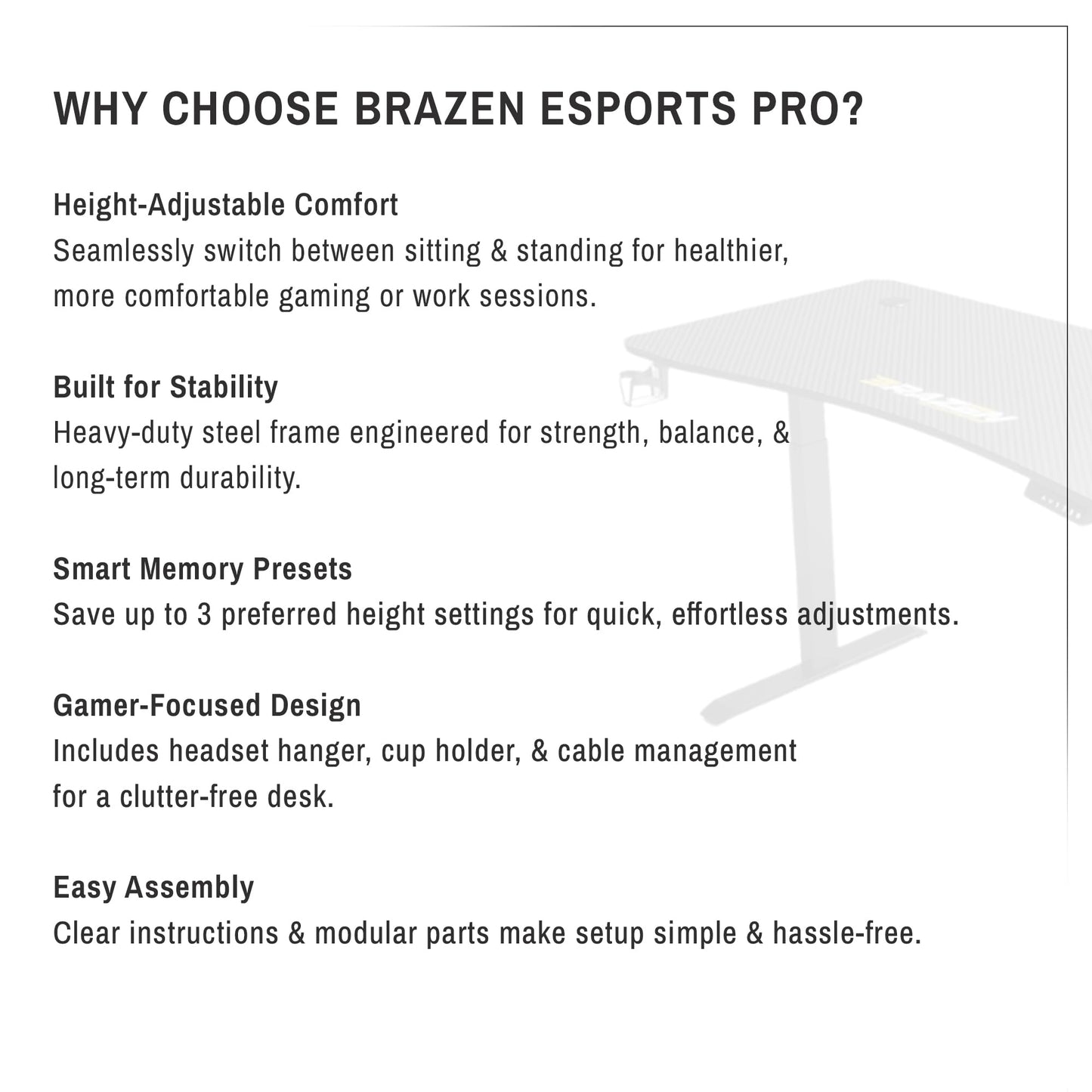 BraZen Esports Pro RGB height adjustable gaming desk with LED lights, black design, ideal for gamers and e-sports enthusiasts.