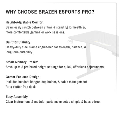 BraZen Esports Pro RGB height adjustable gaming desk with LED lights, black design, ideal for gamers and e-sports enthusiasts.