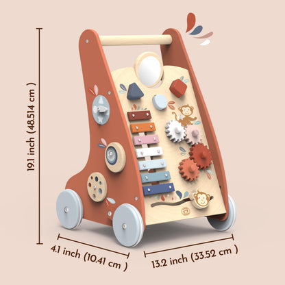 Speedy Monkey wooden baby walker with 9 activity toys, non-slip rubber wheels, FSC certified wood, suitable for 6-month-old boys and girls