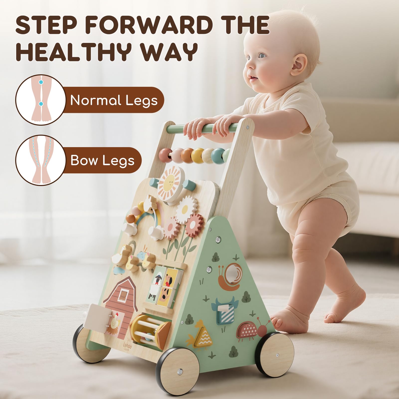 Lehoo Castle wooden baby walker with colorful push handle and activity features, designed for toddlers aged 12 months and up.