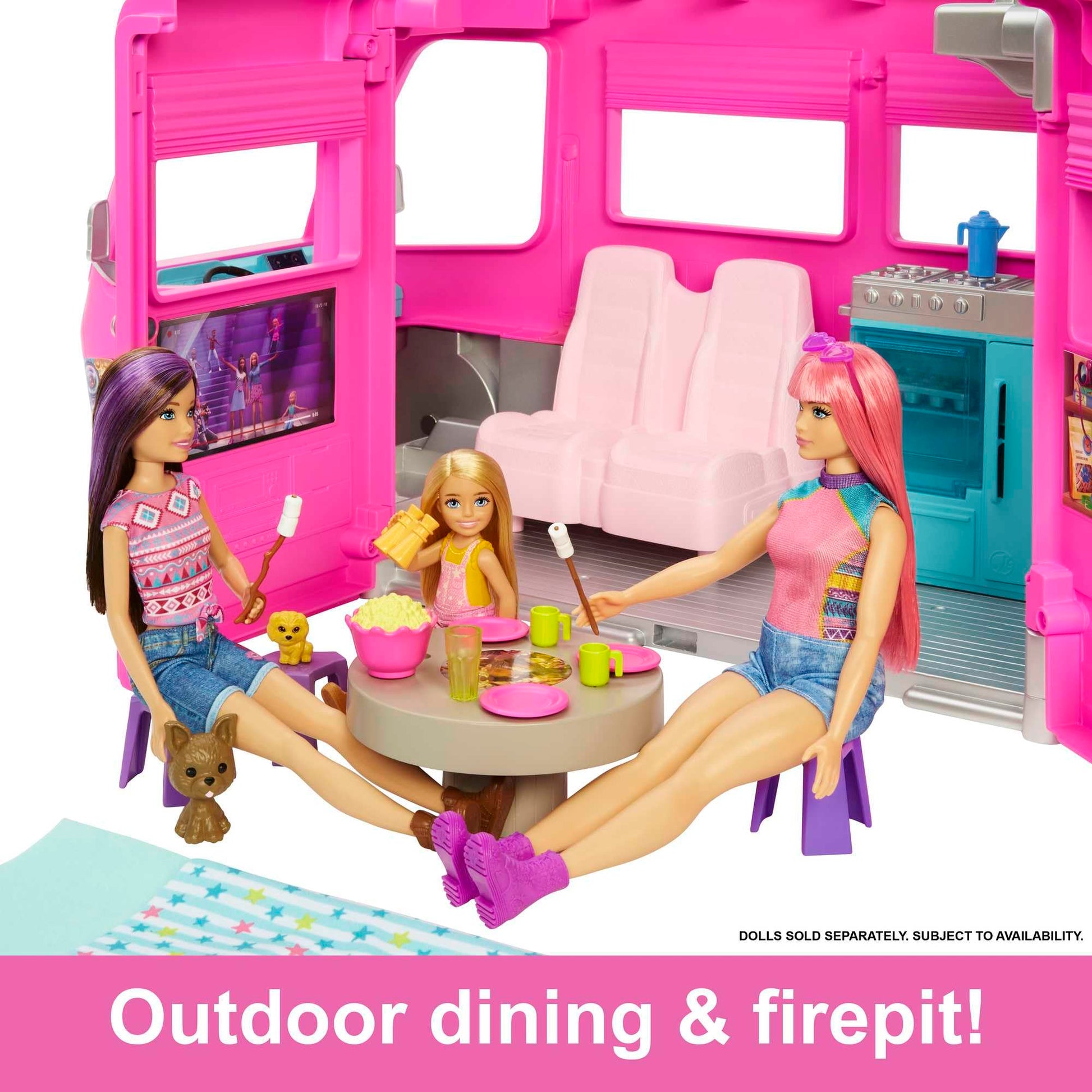 Barbie Dream Camper in pink with 7 play areas, 60 accessories, 2 puppies, pool, and slide for imaginative play.