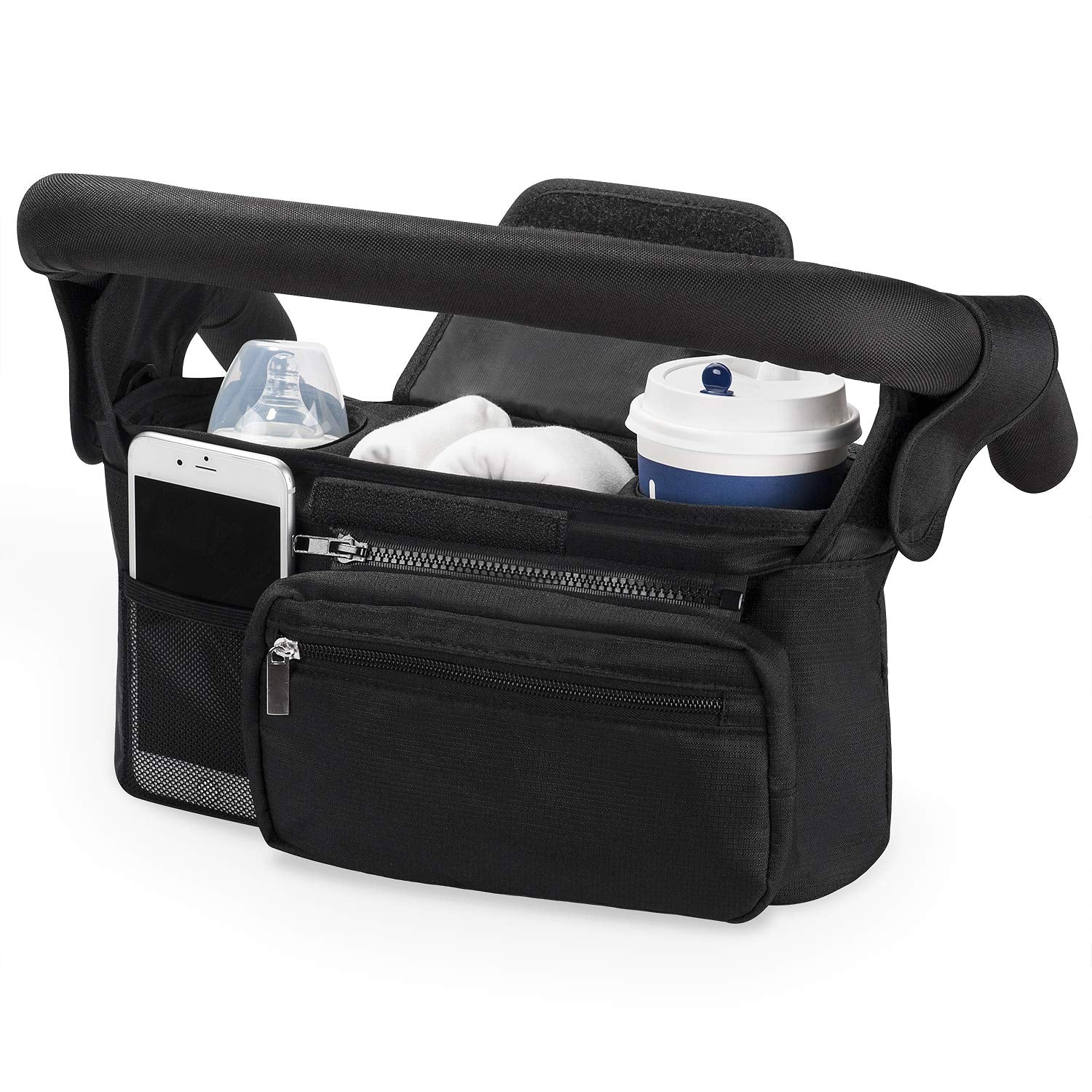 Momcozy baby pushchair organiser with 3 insulated cup holders, detachable pocket, adjustable strap, and large capacity for baby essentials.
