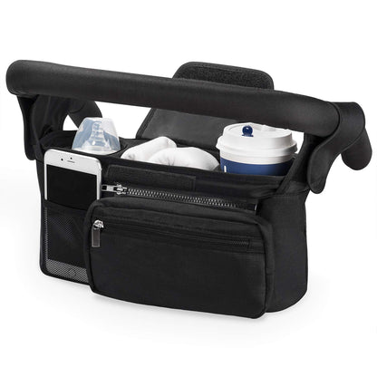 Momcozy baby pushchair organiser with 3 insulated cup holders, detachable pocket, adjustable strap, and large capacity for baby essentials.