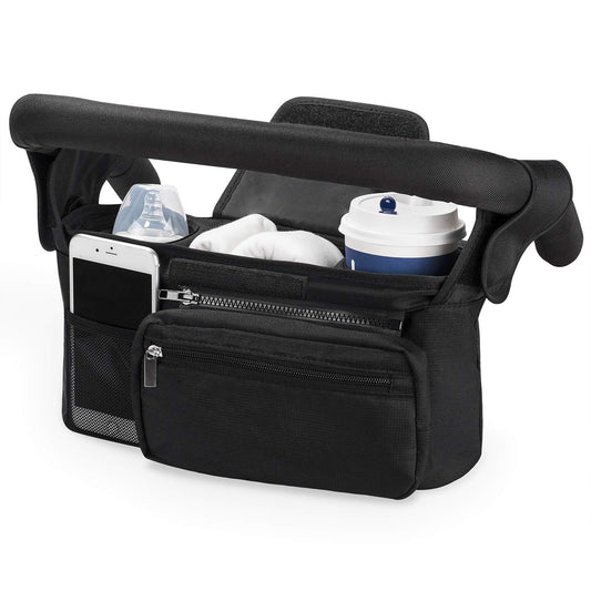 Momcozy baby pushchair organiser with 3 insulated cup holders, detachable pocket, adjustable strap, and large capacity for baby essentials.