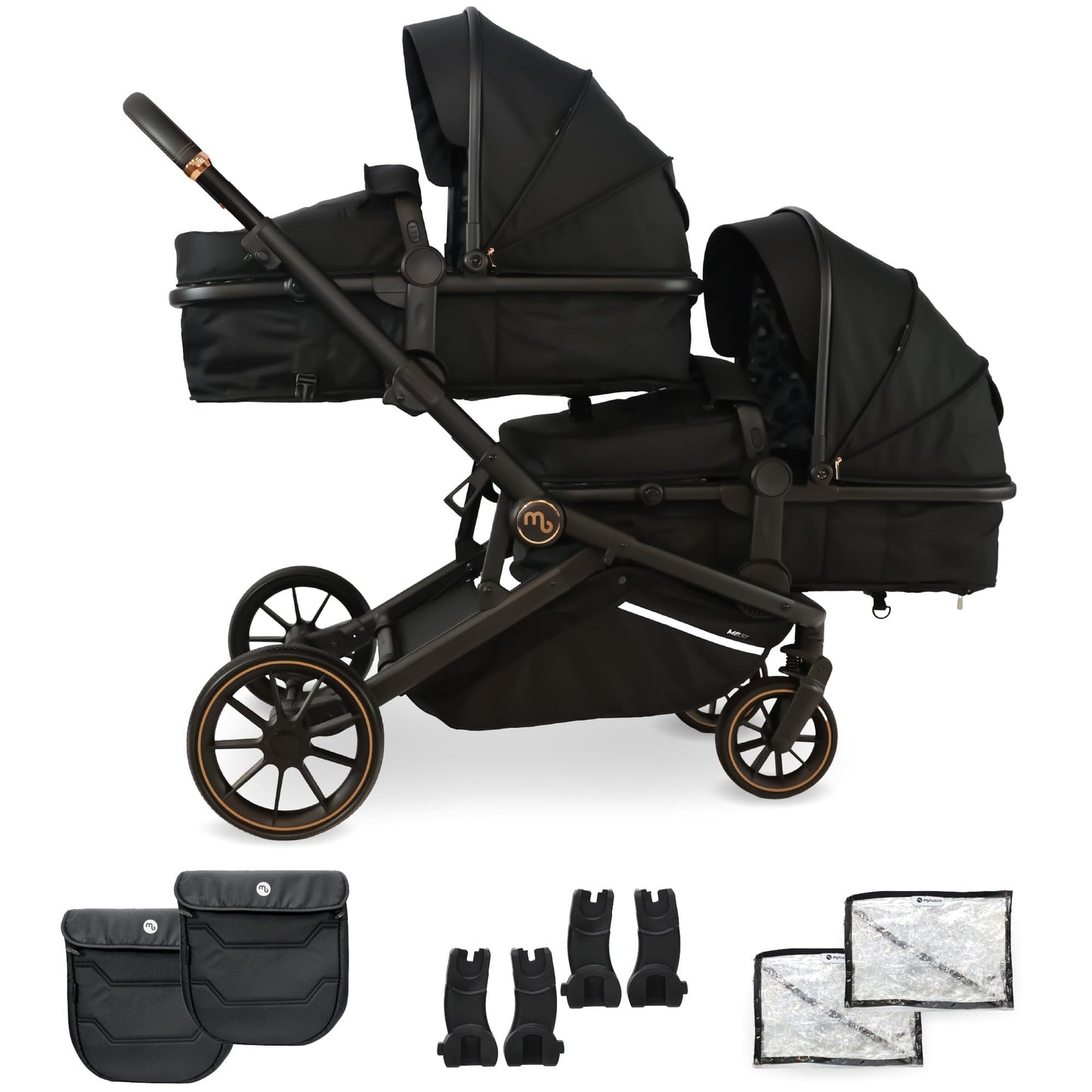 My Babiie MB33 Tandem Pushchair – Birth to 15kg Double Stroller, Twin Seat Units Convert to Carrycot, 11 Configurations, Duo Includes Car Seat Adapters, Rain Covers – Black Leopard