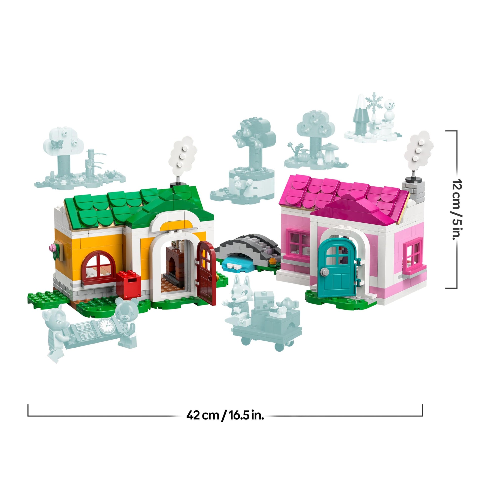 LEGO Animal Crossing Creative Houses set with two house models and Stitches, Fuchsia, and Fang minifigures.