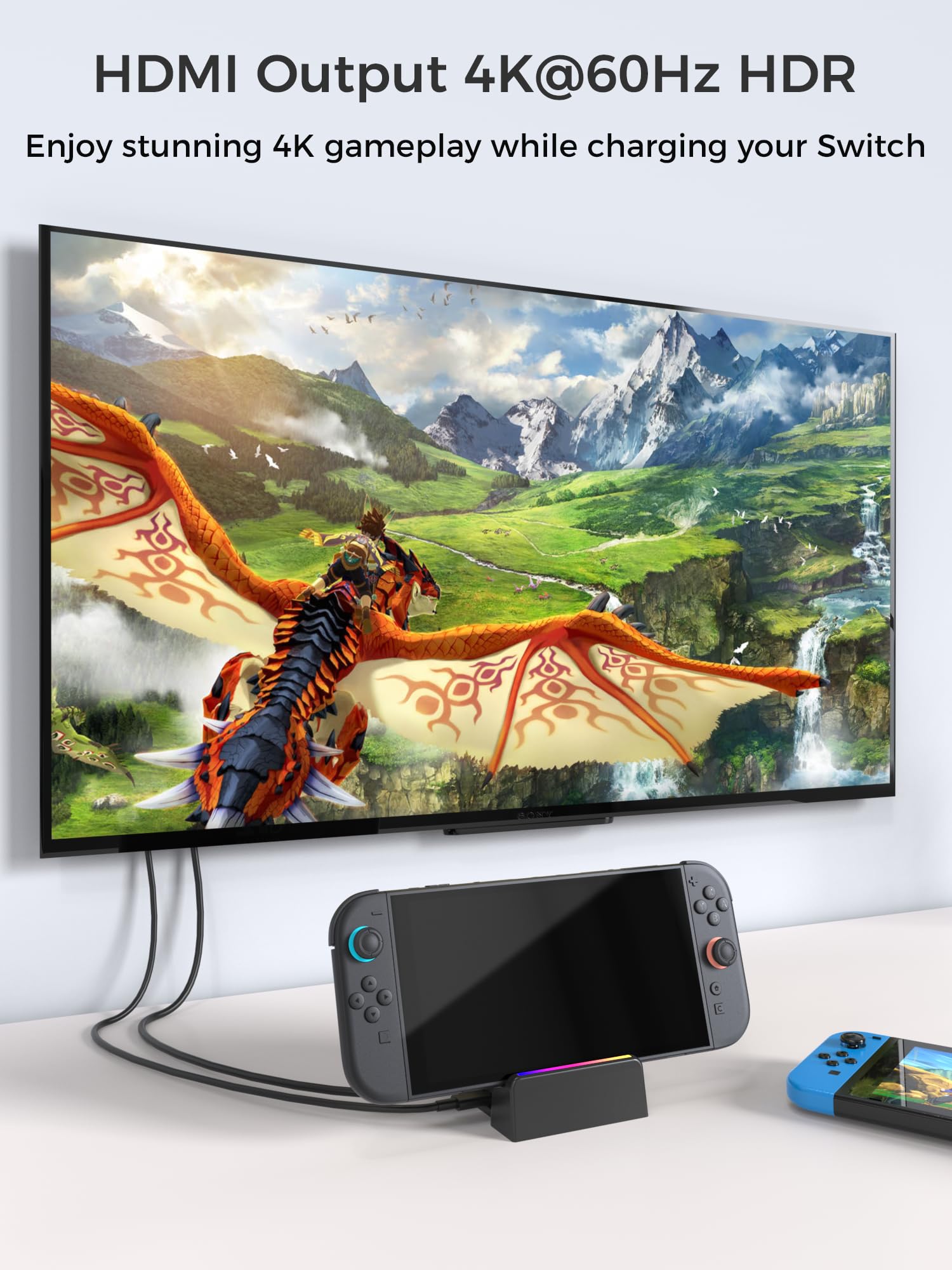 QJYKIONE portable Nintendo Switch 2/OLED docking station with 4K HDMI output, supporting latest system, no charger or cable included.