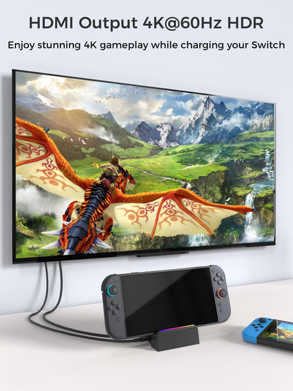 QJYKIONE portable Nintendo Switch 2/OLED docking station with 4K HDMI output, supporting latest system, no charger or cable included.