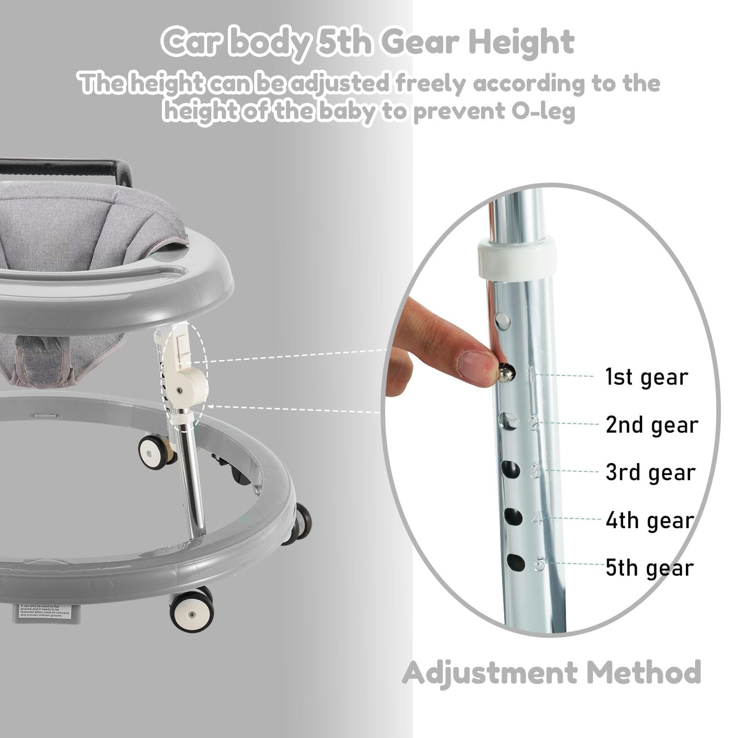 Grey Fugualin baby walker with wheels, activity center, mute wheels, anti-rollover design, 5-height adjustable, foldable for infants.