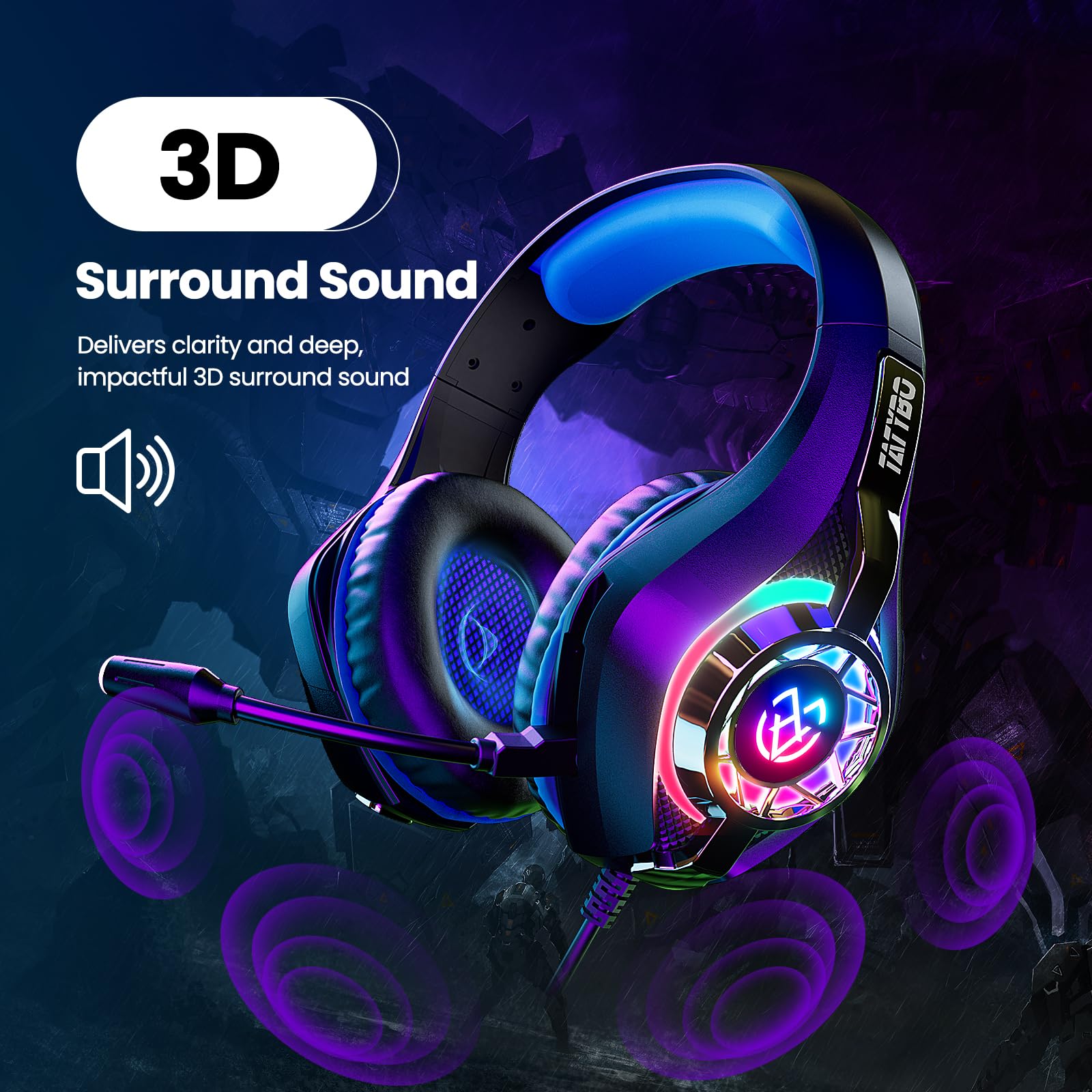 Tatybo gaming headset with noise-canceling microphone and RGB lighting for PS5, PS4, PC, Xbox S/X, and Switch gaming consoles.