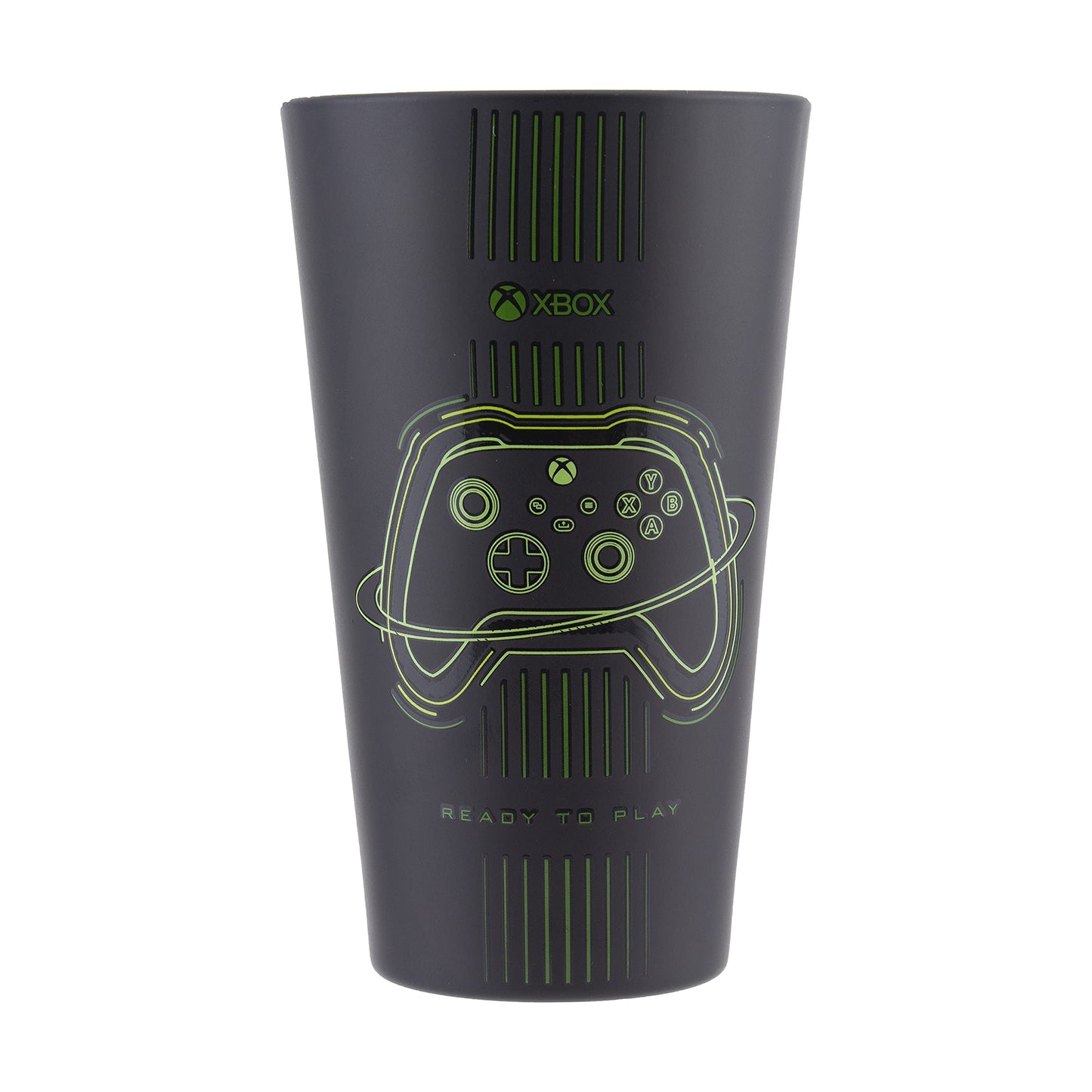 Paladone Xbox drinking glass with matte black and green design, featuring original Xbox controller artwork, 400ml capacity.