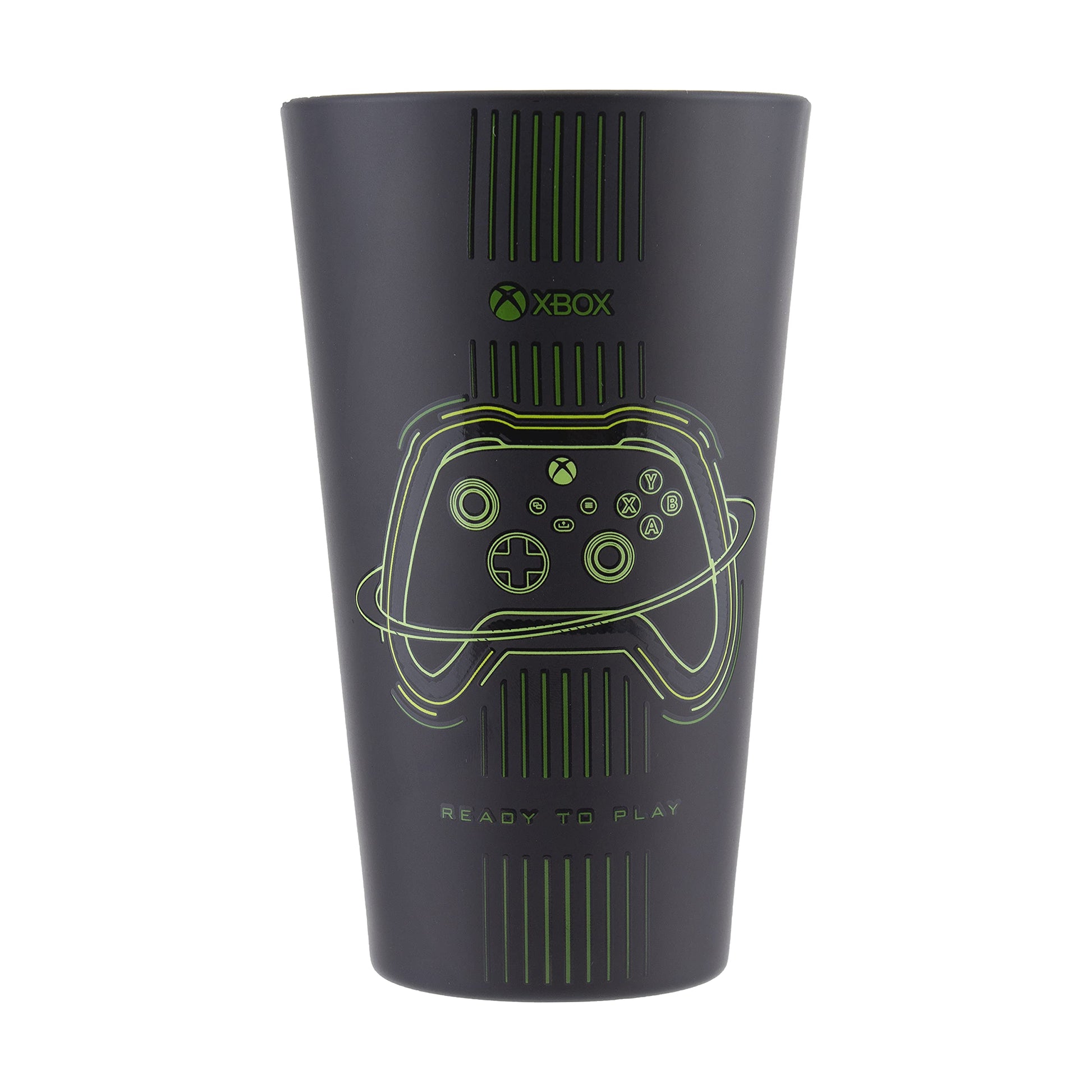 Paladone Xbox drinking glass with matte black and green design, featuring original Xbox controller artwork, 400ml capacity.