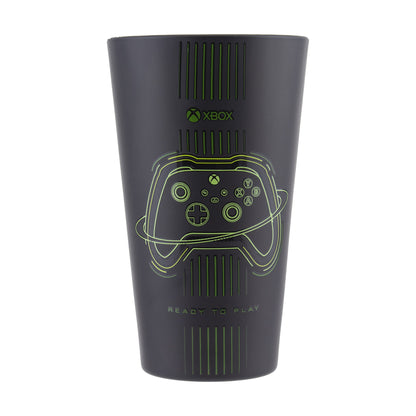 Paladone Xbox drinking glass with matte black and green design, featuring original Xbox controller artwork, 400ml capacity.