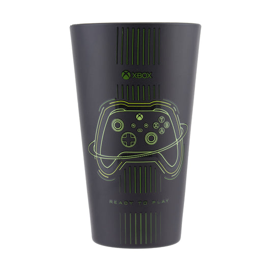 Paladone Xbox drinking glass with matte black and green design, featuring original Xbox controller artwork, 400ml capacity.