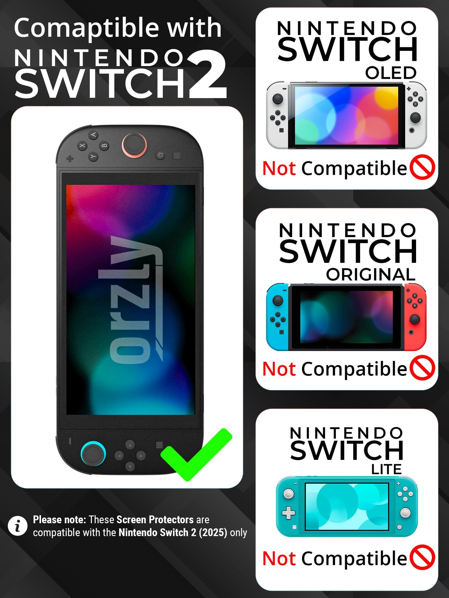 Orzly glass screen protector for Nintendo Switch 2, 7.9-inch, 4-pack, anti-scratch, easy to install, bubble-free, durable protection.