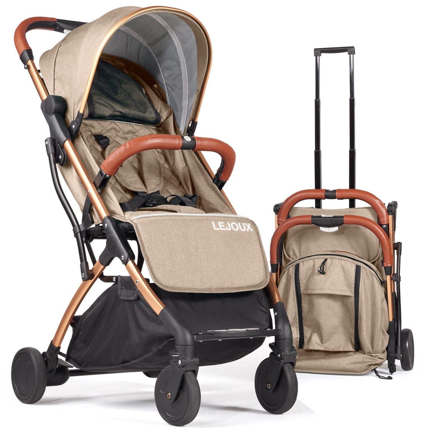 Lejoux™ Baby Pushchair Stroller– Lightweight Foldable Travel Buggy with 5-Point Harness, Adjustable Seat Back and Oversize Basket Folds with 1 Hand – Smooth Swivel Wheels Rain Cover (Beige)