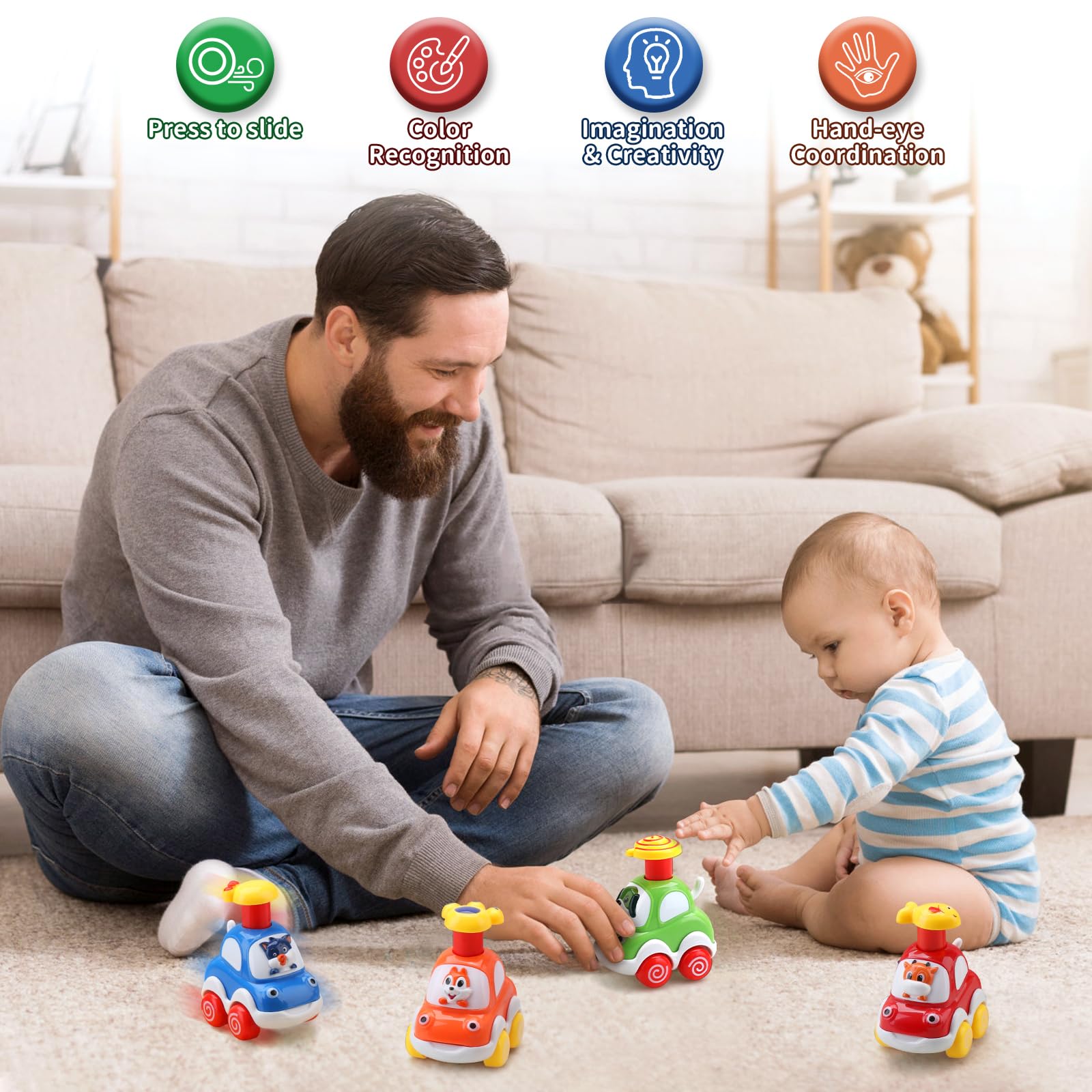 Set of four AmyBenton press and go baby toy cars for 1-2 year old boys, featuring colorful, small plastic cars for toddlers.